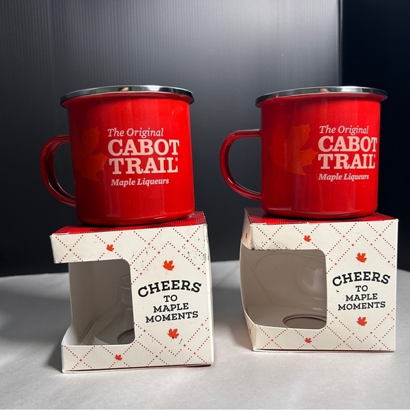 Cabot Trail Red Metal Coffee Mugs Set of 2 Canadian nostalgic camping camp fire - Picture 2 of 5